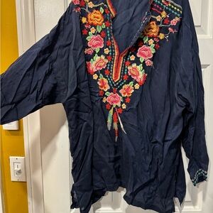 Johnny Was Navy Top with Red Floral Embroidery